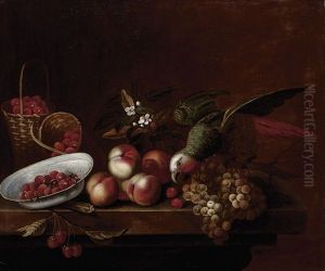 Nature Morte Au Perroquet, Aux Fraises Et Aux Raisins by Barend van der Meer