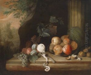 Obststillleben Vor Landschaftshintergrund Obststillleben Vor Landschaftshintergrund
