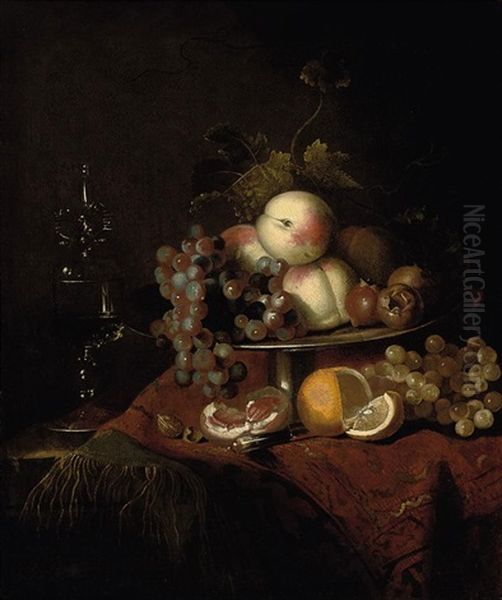 Peaches, Grapes And Pomegranates On A Plate, A Sliced Orange And Walnuts On A Partly Draped Table With A Wine Glass - view 1