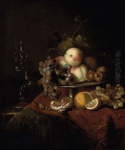 Peaches, Grapes And Pomegranates On A Plate, A Sliced Orange And Walnuts On A Partly Draped Table With A Wine Glass thumbnail