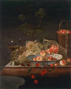 Ein Stillleben Von Trauben, Einem Romer, Einer Wan-lischale Und Fruchten Auf Einer Steinplatte by Barend van der Meer