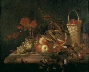 Nature Morte Aux Panier De Fraises, Plat De Peches Et Raisin Sur Un Entablement De Marbre