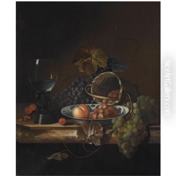 Still Life Of Blue And White Grapes, A Peach And Strawberries In A Porcelain Bowl And Basket, Together With Cherries And A Roemer, All On A Marble Ledge by Barend van der Meer