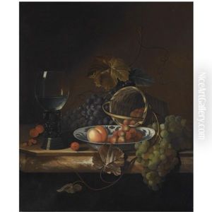 Still Life Of Blue And White Grapes, A Peach And Strawberries In A Porcelain Bowl And Basket, Together With Cherries And A Roemer, All On A Marble Ledge