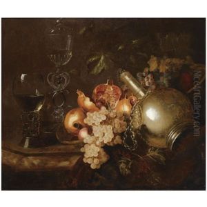 A Still Life Of Pomegranates, Grapes, A Silver Vessel, A Roemer And A Venetian Glass On A Marble Table Draped With A Cloth