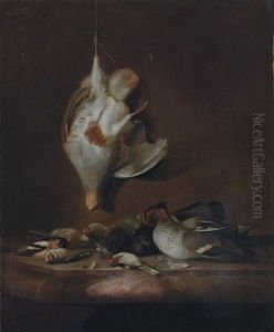A Still Life With A Partridge Hanging On A Wall, And A Teal, A Yellowhammer, Finches And Other Birds