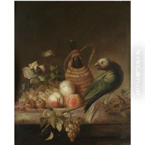 A Still Life With A Parrot, Together With A Flagon Of Wine, A Bunch Of Grapes, Peaches And Redcurrants On A Marble Ledge
