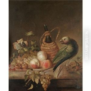 A Still Life With A Parrot, Together With A Flagon Of Wine, A Bunch Of Grapes, Peaches, Red Currents On A Marble Ledge