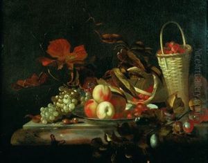 Nature Morte Aux Panier De Fraises, Plat De Peches Et Raisins Sur Un Entablement De Marbre