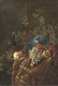 Oranges In A Wanli Kraak Porselein Bowl, A Peach And Nuts On A Silver Plate, A Glass Vessel Of Wine, A Gilt Cup And Cover And White And Black Grapes
