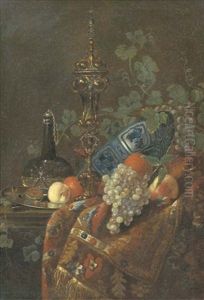 Oranges In A Wanli Kraak Porselein Bowl, A Peach And Nuts On A Silver Plate, A Glass Vessel Of Wine, A Gilt Cup And Cover And White And Black Grapes, All On A Partially Draped Table