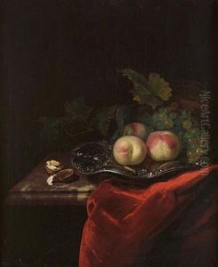Peaches And Grapes On A Silver Salver With Walnuts On A Partially Draped Marble Ledge