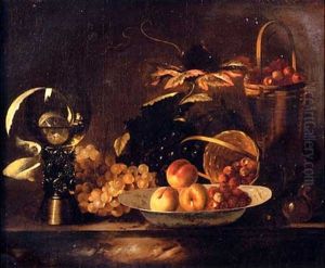 Peaches And Raspberries On A Dish, With Grapes, A Roemer, A Partly-peeled Lemon And A Basket On A Marble Ledge