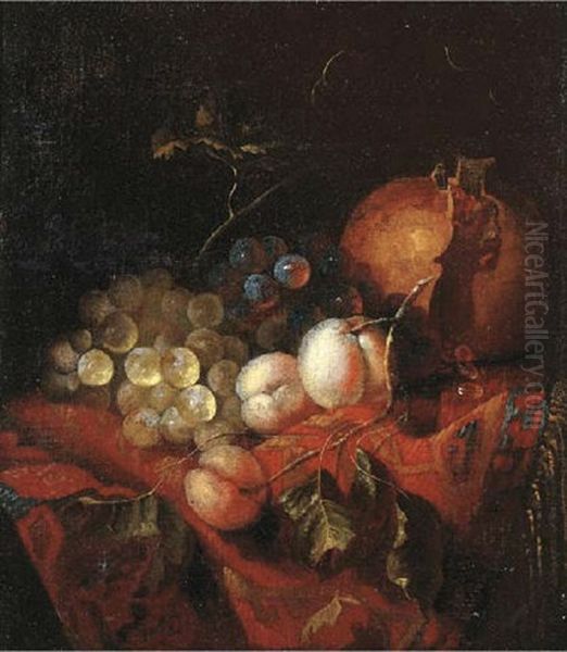 A Pomegranate, Grapes And Peaches On A Draped Table - view 1
