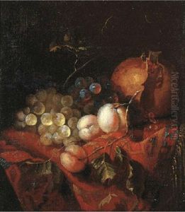 A Pomegranate, Grapes And Peaches On A Draped Table A Pomegranate, Grapes And Peaches On A Draped Table