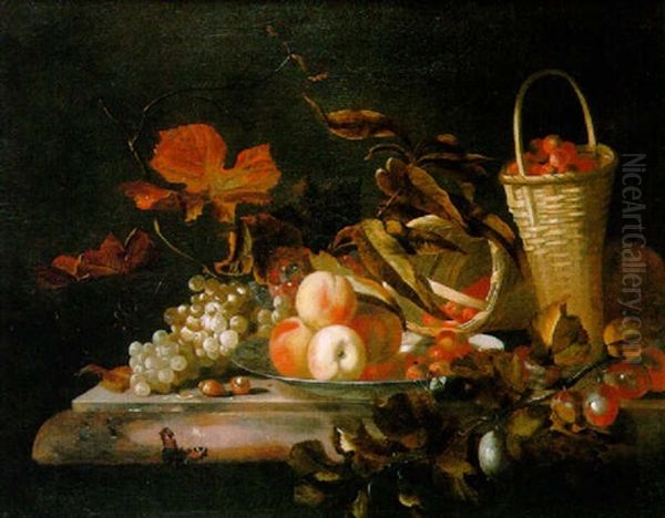 Nature Morte Au Panier De Fraises, Plat De Peches Et Raisins Sur Un Entablement - view 1