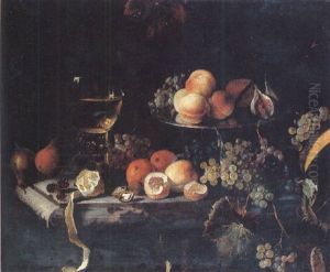 Still Life Of Peaches, Grapes And Figs With A Roemer And A Peeled Lemon, All On A Marble Table