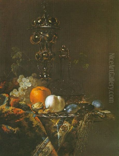 Nature Morte Au Hanap, Flacon Et Plat De Fruits Disposes Sur Un Entablement Recouvert D'une Tapisserie - view 1