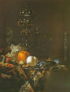 Nature Morte Au Hanap, Flacon Et Plat De Fruits Disposes Sur Un Entablement Recouvert D'une Tapisserie