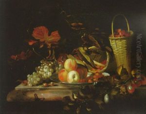 Nature Morte Aux Paniers De Fraises, Plats De Peches Et Raisins Sur Un Entablement by Barend van der Meer