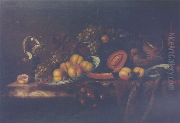 Still Life Of Fruit In A Bowl Together With Other Fruit, Wicker Baskets And A Pewter Tazza, All Upon A Partly Draped Table Top - view 1