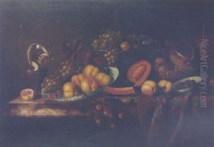 Still Life Of Fruit In A Bowl Together With Other Fruit, Wicker Baskets And A Pewter Tazza, All Upon A Partly Draped Table Top by Barend van der Meer
