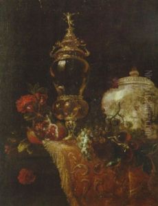 A Gilt Cup And Cover, Grapes, A Pomegranate, Carnations, Plums And A Porcelain Vase On A Partially Draped Ledge by Barend van der Meer
