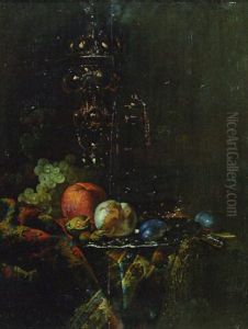 An Orange, A Peach, Plums And Nuts On A Silver Plate, Before A Glass Decanter And Other Objects, On A Partly Draped Shelf
