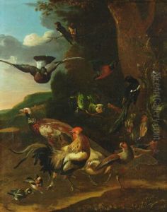 A Cockerel, A Hen, A Gold Finch And Other Birds In A Landscape by Barend van der Meer