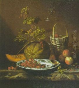 Nature Morte Aux Framboises, Fruits Divers, Verrerie Et Ceramique