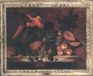 Still Life Of An Overturned Basket Of Fruit, A Parrot, And A  Blue And White Porcelain Bowl On A Ledge by Barend van der Meer