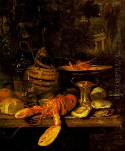 Still Life Of A Lobster, Prawns On A Tazza, Oysters And A Flagon Of Wine, All On A Stone Ledge, An Ornamental Garden Beyond - view 1