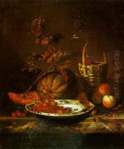 Still Life Of Raspberries In A Blue And White Porcelain Bowl, A Melon And Other Fruits, A Tazza And A Spoon, All On A Marble Ledge