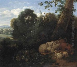 A Wooded Landscape With Sheep Resting, A Ruin Beyond by Jan van der Meer