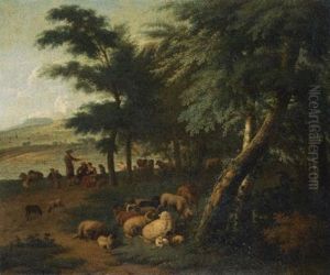 Shepherds Resting With Their Flock At The Edge Of A Wood by Jan van der Meer