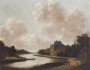 A River Landscape With A Villa On An Embankment, Travellers And Fishermen Outside Cottages Nearby by Jan Meerhout