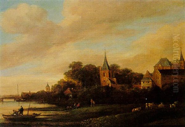 Fishermen Pulling In Their Nets On The Banks Of A Water Meadow - view 1