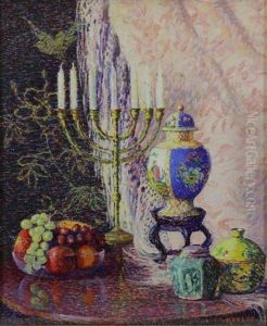 Still Life With Menorah, Fruits, Jars And Bird