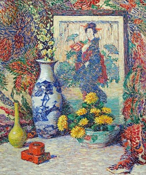Still Life Of Vases, Crysanthamums, And A Japanese Print - view 1