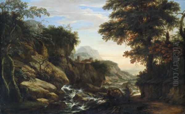 Bewaldete Gebirgslandschaft Mit Einem Sturzbach Und Einer Burganlage - view 1