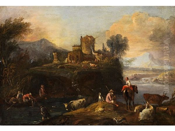 Italienische Flusslandschaft Mit Fischer Und Hirten Am Ufer - view 1