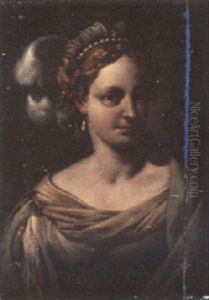 A Lady, Wearing A Green Dress And A Plumed Cap