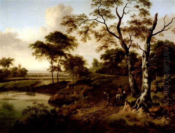 Bewaldete Fluslandschaft Mit Reiter Und Fusknecht Auf Einem Fahrweg - view 1