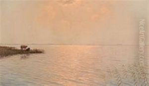 Sunset Over Landscape With Resting Cattle by Jacobus Leonardus Van Der Meide