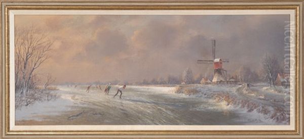 Sunset Winterscape With Ice Skaters, Wind Mill And Cottages Under Grey And Rose Tinged Clouds - view 1