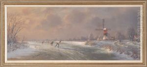 Sunset Winterscape With Ice Skaters, Wind Mill And Cottages Under Grey And Rose Tinged Clouds by Jacobus Leonardus Van Der Meide