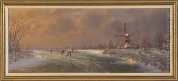 Ice Skaters At Sunset With Wind Mill And Farm Houses In Background - view 1
