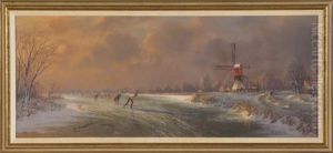 Ice Skaters At Sunset With Wind Mill And Farm Houses In Background by Jacobus Leonardus Van Der Meide