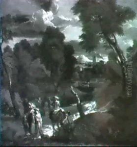 Figures On A Path In Mountainous River Landscape by Jan Baptiste van der Meieren