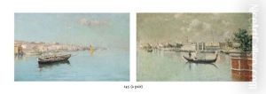 A Gondola Ride Before The Molo, Venice (+ Boats Moored Off A Coastal Town; Pair) by Eliseo Meifren y Roig